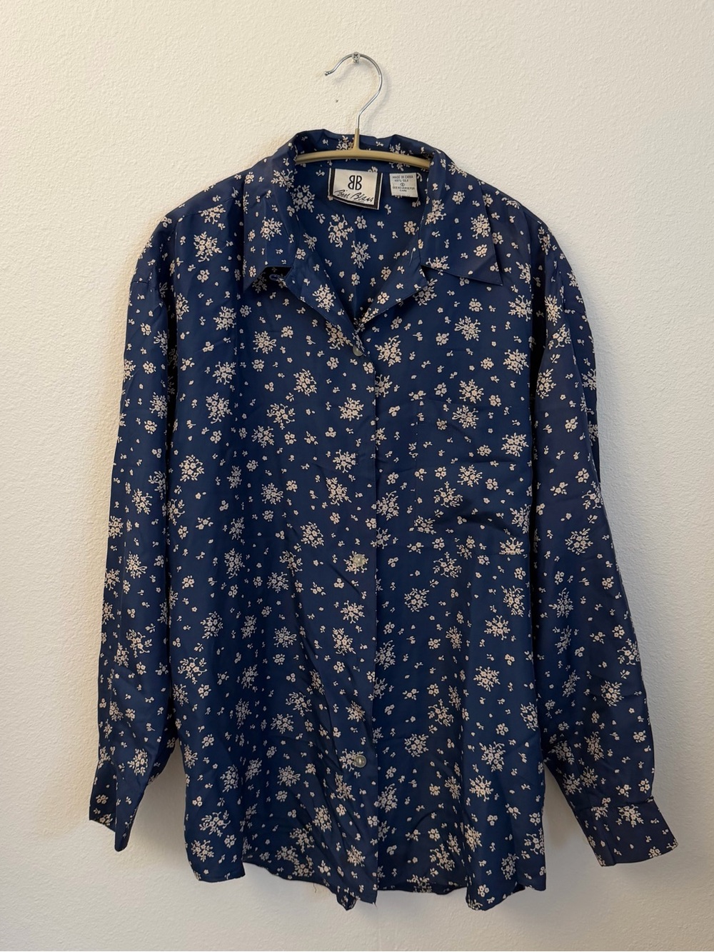 100% silk Navy Blue Floral Button-Up Shirt